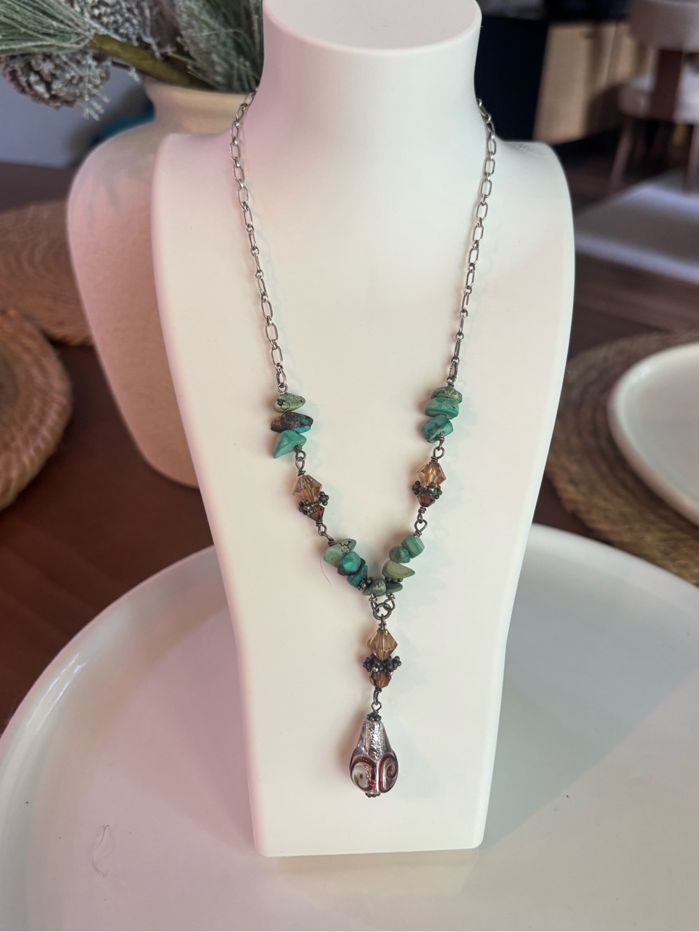 Vintage Sterling Silver 925 Turquoise Chip Crystal Bead Pendant Necklace 16"
